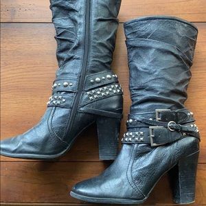 Black leather and silver stud detail calf …